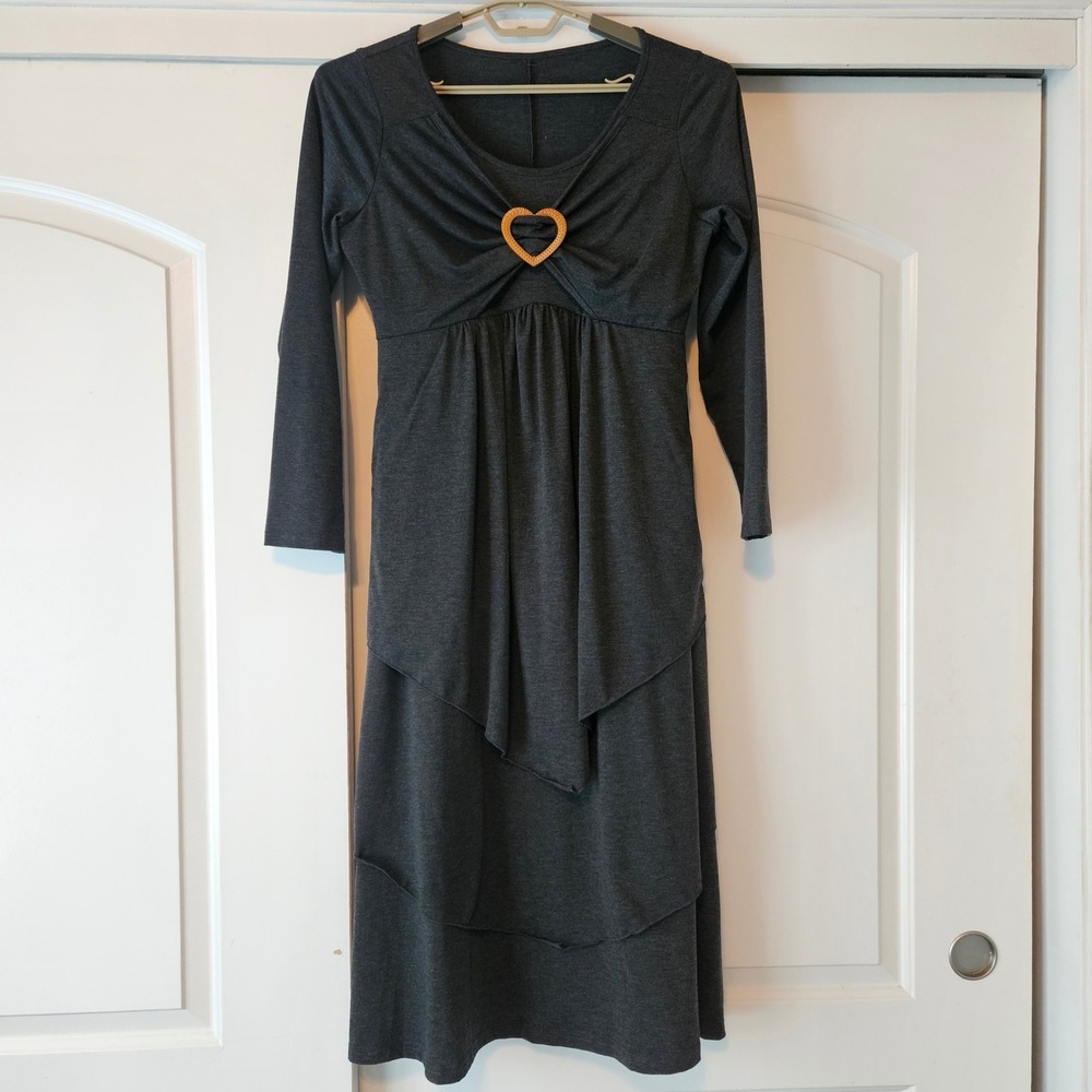 Long Sleeve Midi Dress Size‎ Large Charcoal Gray Tiered Heart Babydoll  Size L